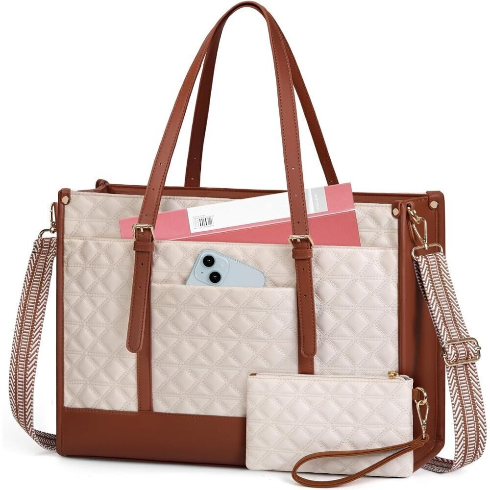 IGOLUMON Laptop Bag for Women 15.6 Inch Vegan Leather Quilted Work Tote
